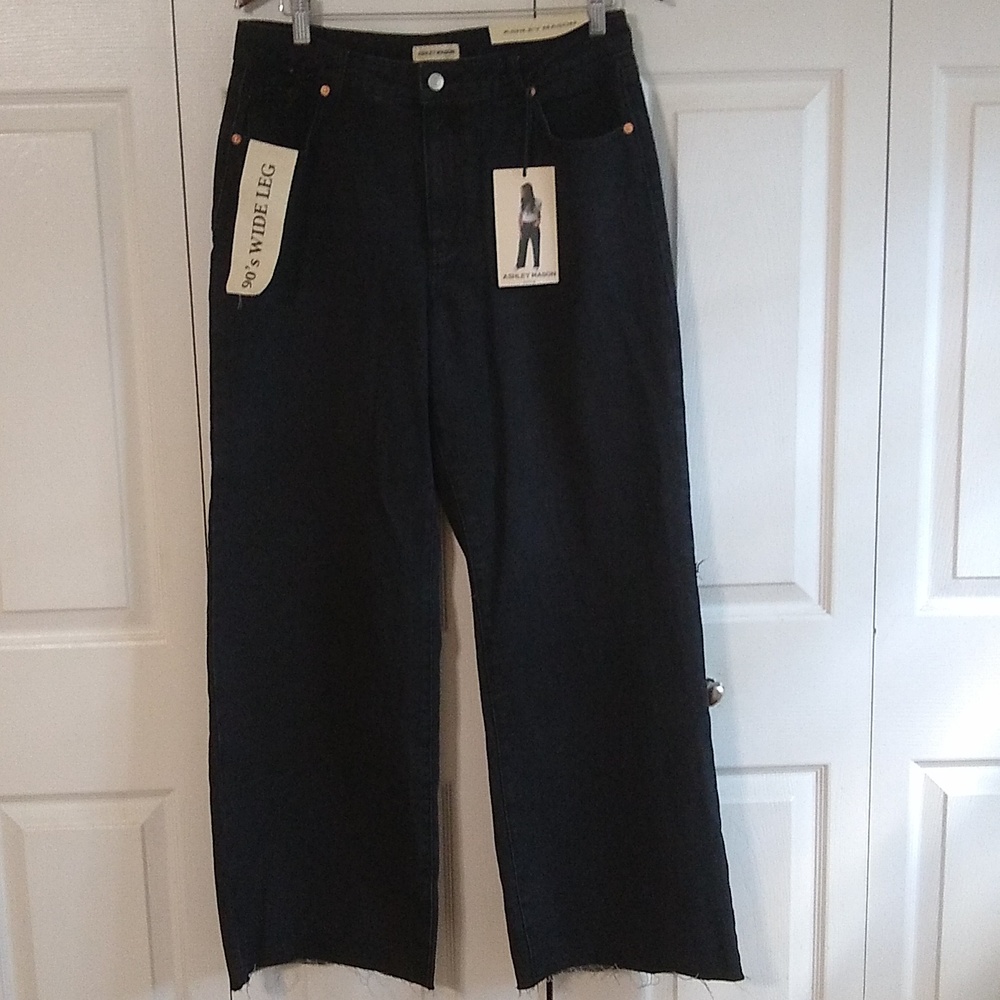 Ashley Mason 90s wide legs black jeans Size 31 hi rise raw hem - Picture 1 of 9